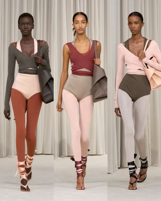 Running SS27 moodboard, three coordinated layered silhouettes